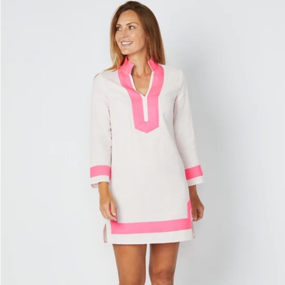 Blush Long Sleeve Classic Tunic with Hot Pink Grosgrain Trim